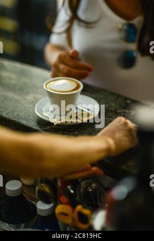 Hands of young adult caucasian female barista prepares milk Stock Photo