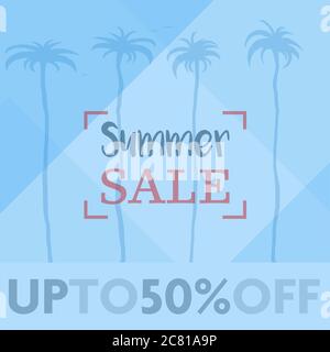 blue square SUMMER SALE advertisement sign or sticker with palm trees vector illustration Stock Vector