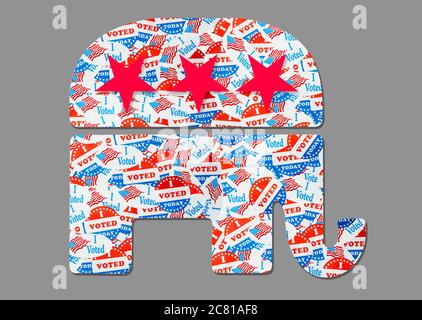 Many voting stickers given to US voters in Presidential election formed in the shape an elephant for Republican party Stock Photo