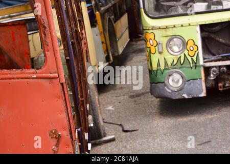 Barry, Vale of Glamorgan / Wales - July 10 2020. A local public transport preservation society stores their old buses ready for restoration Stock Photo