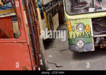 Barry, Vale of Glamorgan / Wales - July 10 2020. A local public transport preservation society stores their old buses ready for restoration Stock Photo