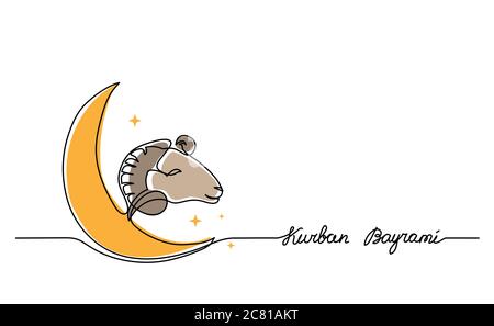 Kurban Bayrami simple vector background, web banner with sheep goat and crescent. One continuous line drawing of sheep and moon for Kurban Bayrami Stock Vector