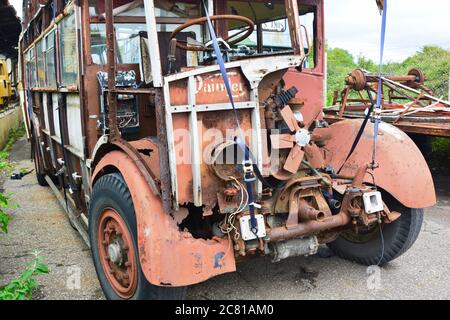 Barry, Vale of Glamorgan / Wales - July 10 2020. A local public transport preservation society stores their old buses ready for restoration Stock Photo