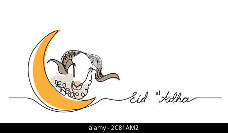 Eid al-Adha simple vector background, web banner with sheep goat and crescent. One continuous line drawing of sheep and moon Stock Vector