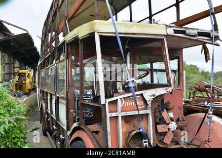Barry, Vale of Glamorgan / Wales - July 10 2020. A local public transport preservation society stores their old buses ready for restoration Stock Photo
