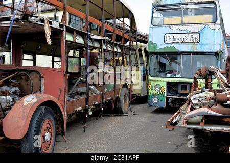 Barry, Vale of Glamorgan / Wales - July 10 2020. A local public transport preservation society stores their old buses ready for restoration Stock Photo