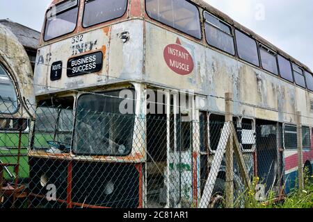 Barry, Vale of Glamorgan / Wales - July 10 2020. A local public transport preservation society stores their old buses ready for restoration Stock Photo