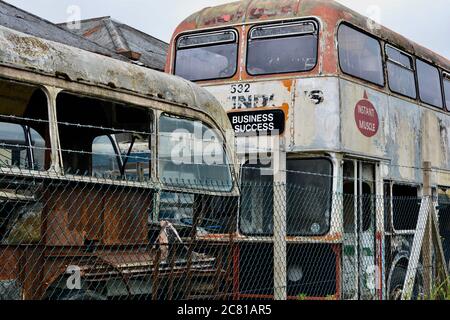 Barry, Vale of Glamorgan / Wales - July 10 2020. A local public transport preservation society stores their old buses ready for restoration Stock Photo
