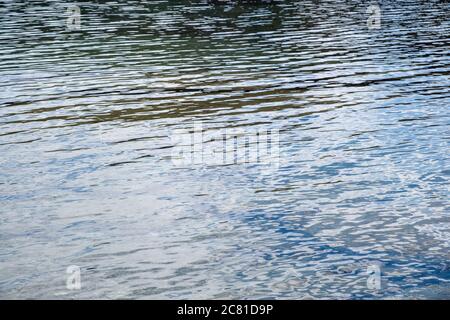 Sea water background with shiny reflections. Calm rippled surface, empty blue color ocean background, above view Stock Photo