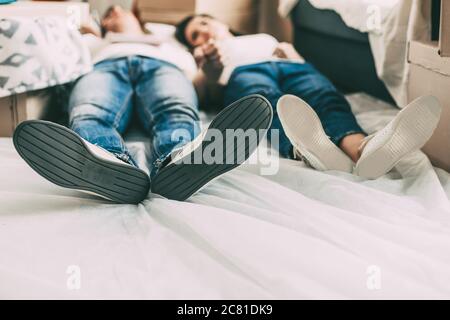 close up. young couple lying on the floor in the new living room. Stock Photo