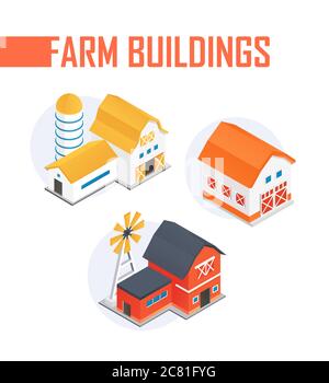 Farm buildings - modern vector colorful isometric elements Stock Vector