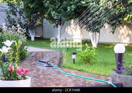 automatic sprinkler watering the lawn and plants in the garden Stock Photo