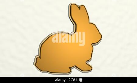 RABBIT made by 3D illustration of a shiny metallic sculpture on a wall with light background. bunny and cute Stock Photo