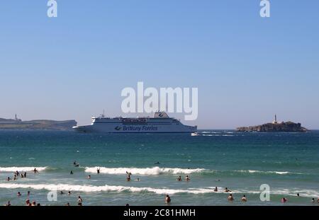 Brittany Ferry Cap Finistere arriving to the port of Santander seen from the beach of Somo Santander Cantabria Spain Stock Photo