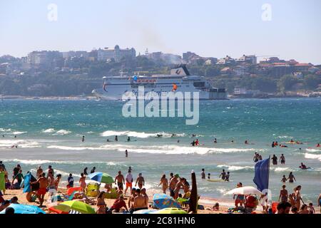 Brittany Ferry Cap Finistere arriving to the port of Santander seen from the beach of Somo Cantabria Spain Summer Stock Photo