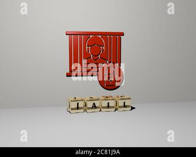 3D illustration of jail graphics and text made by metallic dice letters for the related meanings of the concept and presentations. prison and criminal Stock Photo