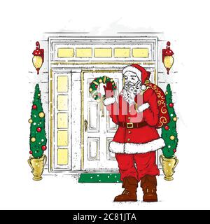 Beautiful Santa Claus in a smart suit stands on the background of a beautiful Christmas door. Vector illustration. New Year's and Christmas. Santa wit Stock Vector