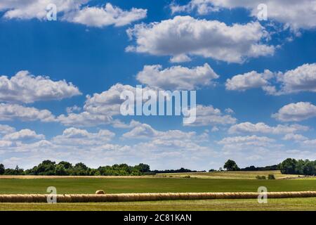 Bales of hay in farmed landscape with Cumulus clouds and blue sky - Touraine, France. Stock Photo