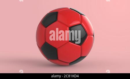 red soccer plastic leather metal fabric ball isolated on black background. Football 3d render illlustration. Stock Photo