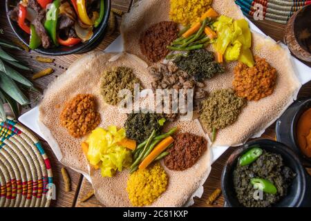 High angle shot of the  Ethiopian delicious Injera flatbread Stock Photo