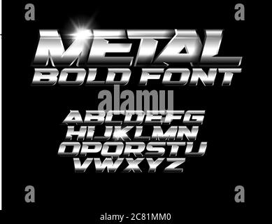 Font with metallic texture, chrome alphabet, wide bold industrial fashion font. Vector typography. Stock Vector