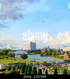 MINSK, BELARUS - JULY 17, 2019: View of Minsk city center with lake, road and crowd of people. Minsk - capital of Belarus Stock Photo