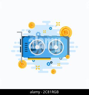 Crypto Currency Video Card Abstract Vector Sign, Symbol or Emblem Template. Flat Style GPU Bitcoin Mining Hardware Illustration. Personal Computer Stock Vector
