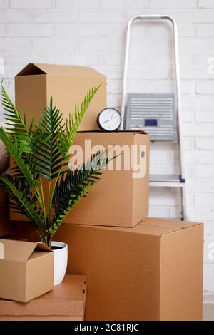 moving day concept - close up of cardboard boxes, houseplant and other domestic things over white brick wall background Stock Photo