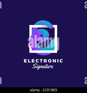 Electronic Signature Abstract Vector Blend Curve. Sign or Logo Template. Elegant Curved Line in a Shape of Letter E with Ultraviolet Gradient and Stock Vector