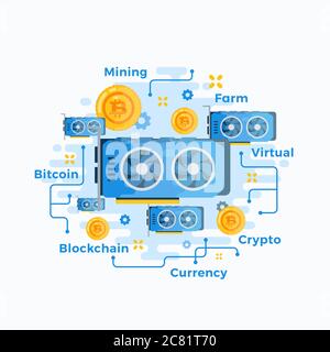 Video Card Abstract Vector Sign, Symbol or Emblem Template. Flat Style Crypto Currency GPU Bitcoin Mining Hardware Illustration. Personal Computer Stock Vector