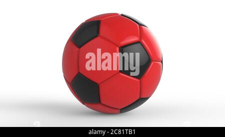 red soccer plastic leather metal fabric ball isolated on black background. Football 3d render illlustration. Stock Photo