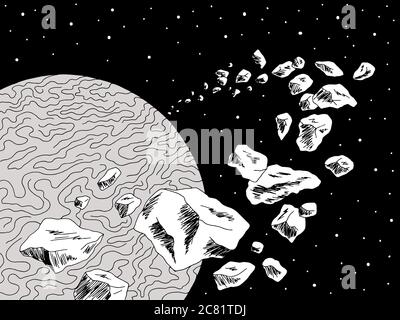 Outer space asteroid belt planet graphic black white sketch illustration vector Stock Vector