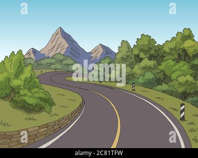 Mountain road graphic color landscape sketch illustration vector Stock Vector