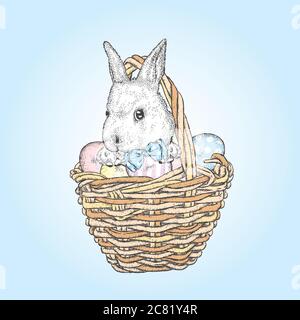 Cute Cute bunny in a basket with Easter eggs. Vector illustration. Spring holiday Stock Vector