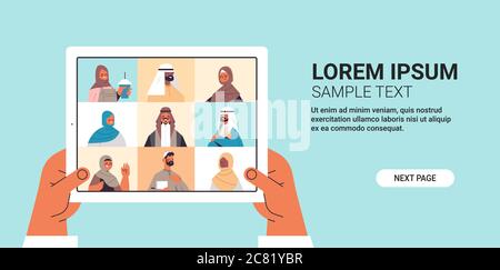 human hands using tablet pc chatting with arabic friends during video call arab people having virtual live conference communication concept horizontal copy space vector illustration Stock Vector