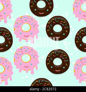 Vector seamless pattern illustration of donuts in chocolate and pink glaze in kawaii style on a light green Stock Vector