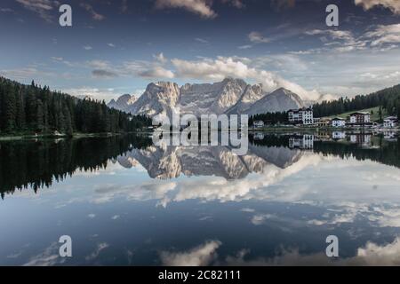Reflections on the Lake Misurina situated in 1,754 m above sea level. It is one of the most beautiful mountain lakes in the Dolomites,Italy.Scenic Stock Photo