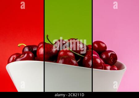 collection of many cherries in white ceramic bowls on various background isolated, mosaic collage Stock Photo