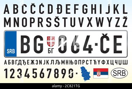 Serbia, car license plate template with numbers, characters and symbols, vector illustration Stock Vector