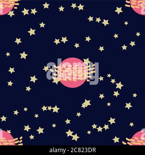 Seamless space pattern. Planets, rockets and stars. Cartoon spaceship icons. Kid's elements for scrap-booking. Stock Vector