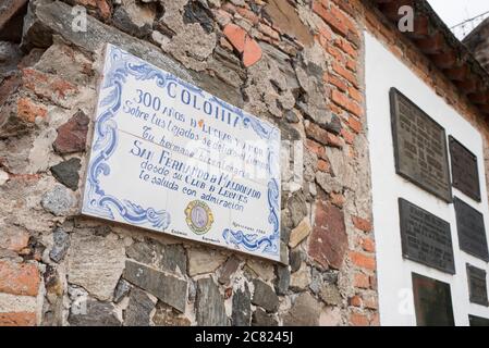 Colonia del Sacramento / Uruguay; Jan 2, 2019: Commemorative plaque: 300 years of struggle and love. On your roofs time stood still Stock Photo