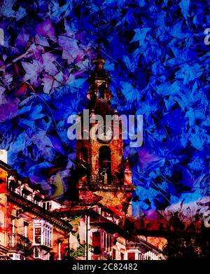 Composición con hojas de otoño y la Torre de la iglesia de San Miguel arcángel. Vitoria. Álava. País Vasco. España Stock Photo
