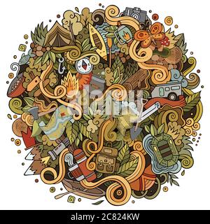 Cartoon hand-drawn doodles camp illustration Stock Vector