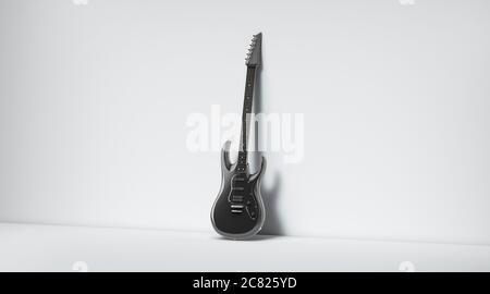 Blank black electric guitar mockup, stand near wall Stock Photo