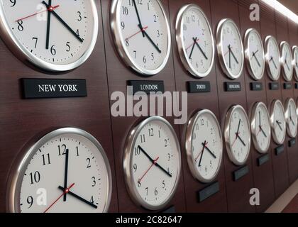 World wide time zone clock. Clocks on the wall, showing the time around the world. Stock Photo