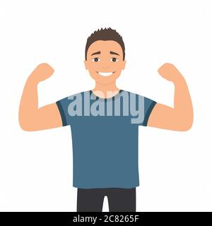Cartoon muscular man. Funny athletic guy. Happy man proudly shows his muscles in strong arms. Stock Vector
