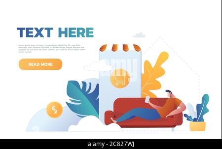 Coronavirus Epidemic Quarantine.Young Man Shop Online.Consumerism on Smartphone Mobile App. Buy at Home. Survive COVID 19. Flat vector illustration. Stock Vector