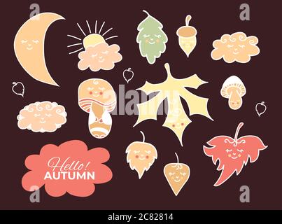 Vector set of autumn drawings. Contour and color - various leaves and mushrooms, acorn, moon and clouds with cute faces and eyes closed. Use for Stock Vector