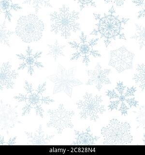 Beautiful seamless Christmas background with various complex big and small snowflakes on white. Modern flat design. Holiday Wallpaper. Winter infinite Stock Vector