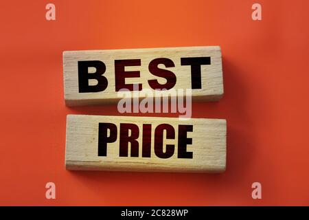 best price words on wood blocks on red. Big sale grand opening business concept Stock Photo